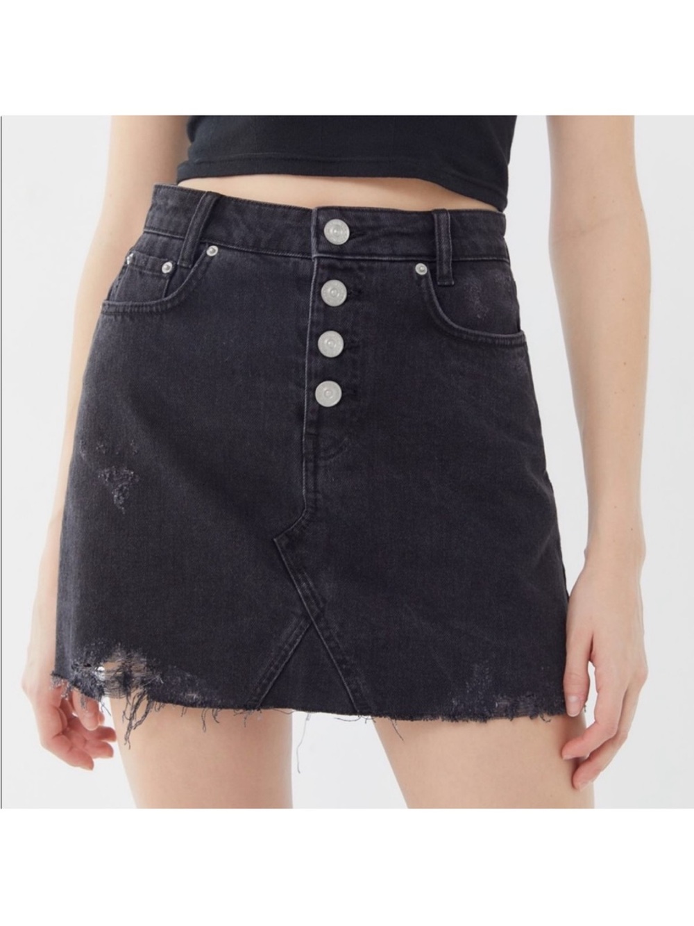 BDG Urban Outfitters Black Button-Fly Distressed Denim Mini Skirt Sz Medium - Picture 8 of 9